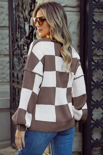 Checkered Bishop Sleeve Sweater