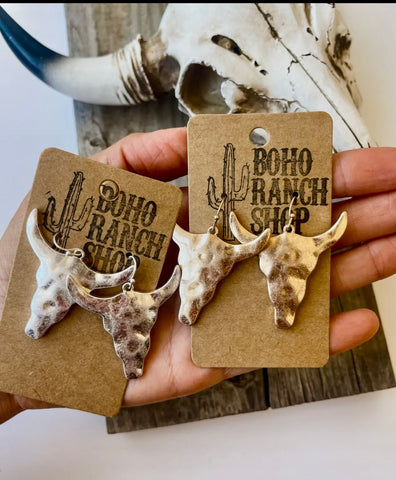 Hammered Steer Bull Head Earrings