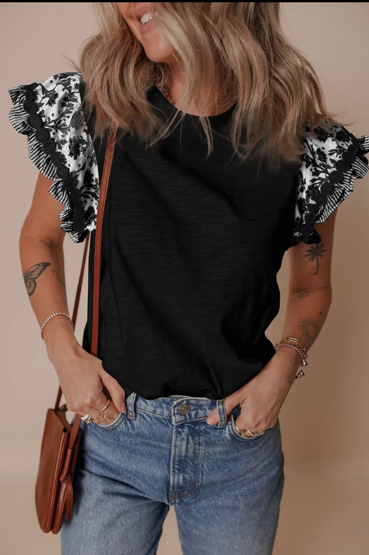 Black Patchwork Flutter Sleeve Blouse